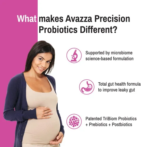 Vista 5 de Fórmula prenatal Avazza con fórmula TriBiom: probióticos + prebióticos + posbióticos para nutrir y estabilizar contra el intestino permeable.