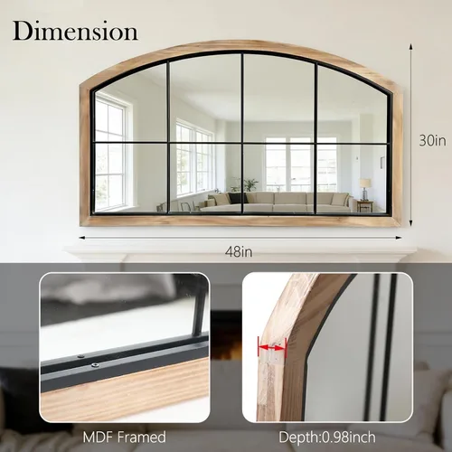 Vista 2 de Espejo de ventana de arco, 48 x 30 pulgadas, espejo de pared de arco de granja, espejo rústico con marco de madera, marco interior de metal, Natural