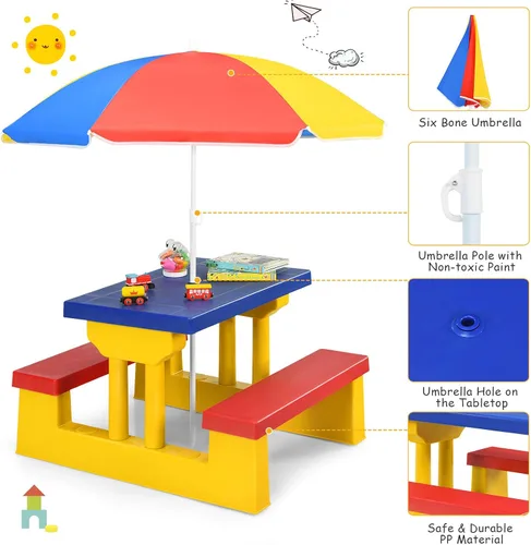Vista 4 de Costzon Mesa de picnic para niños, mesa y banco para interiores y exteriores con paraguas extraíble, mesa de picnic portátil para niños pequeños