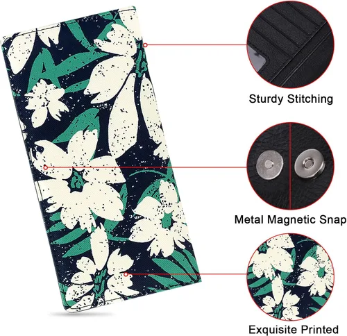 Vista 4 de HUA ANGEL Billeteras largas plegables Bolso largo delgado con hebilla magnética, 12 ranuras para tarjetas delgado para mujeres y niñas, Flores