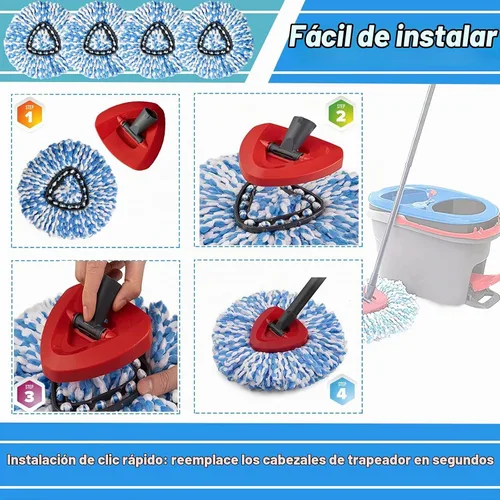 Vista 4 de Paquete de 2 cabezales de repuesto para trapeador giratorio, 100% microfibra, fácil de reponer la fregona