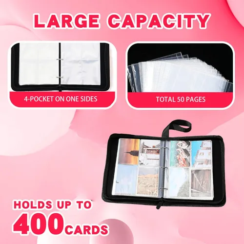 Vista 4 de Carpeta de 400 tarjetas para tarjetas intercambiables, 4 bolsillos con cremallera y asa, álbum de diseño de piel sintética para almacenamiento