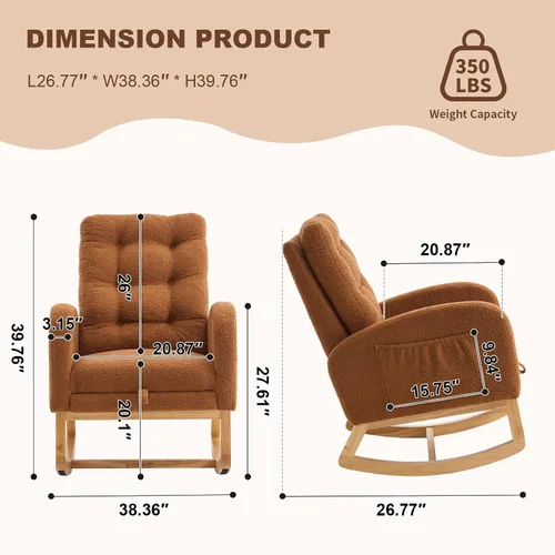 Vista 2 de Mecedora con reposapiés para cuarto de bebé, silla mecedora tapizada de peluche con bolsillo lateral, patas de madera maciza, respaldo alto
