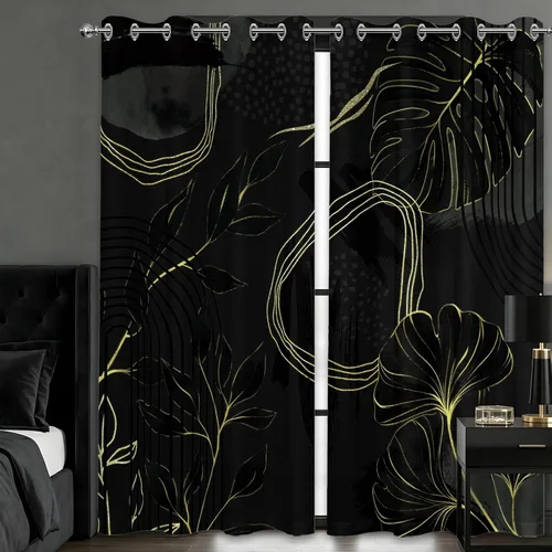 Vista 37 de Cortinas opacas negras y doradas, cortinas modernas de mediados de siglo para dormitorio, sala de estar, 63 pulgadas de largo, juego de 2 paneles