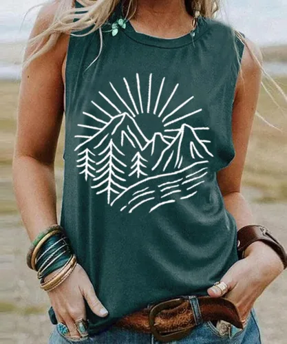 Vista 2 de Camisetas sin mangas de senderismo y montaña para mujer, divertidas camisetas de entrenamiento con gráficos de pino y amanecer, camisetas de verano