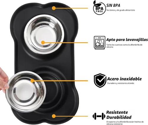 Vista 2 de Hubulk - Comedero doble de acero inoxidable con base de silicona antideslizante antiderrames y pala para alimento, para perros pequeños, medianos