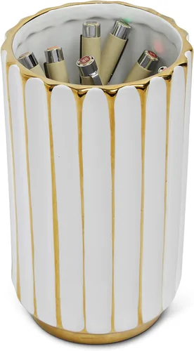 Vista 5 de Jarrón blanco y dorado, elegante decoración del hogar, florero de flores, centro de mesa de cocina, crestas geométricas, parte inferior biselada