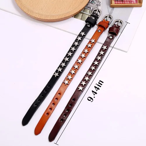 Vista 2 de YWMAN 2 pulseras góticas con tachuelas de pentagrama – Pulsera de cuero vintage con estrella – Pulsera de muñeca de roca hebilla joyería