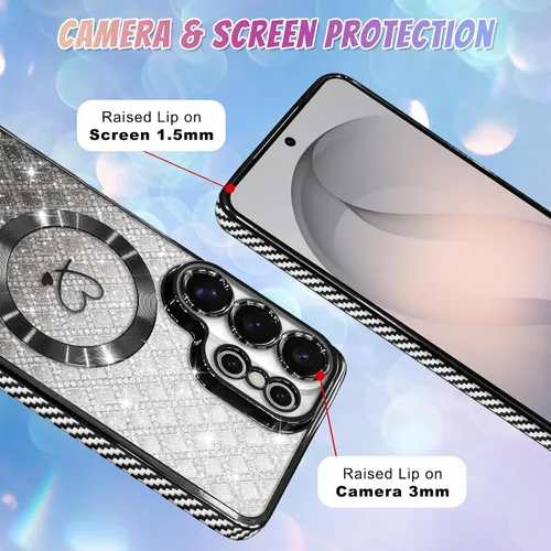 Vista 678 de Bonoma - Funda compatible con Samsung Galaxy S21 Plus, diseño de corazón con purpurina, color rosa Support for MagSafe, Plating Magnetic Case TPU