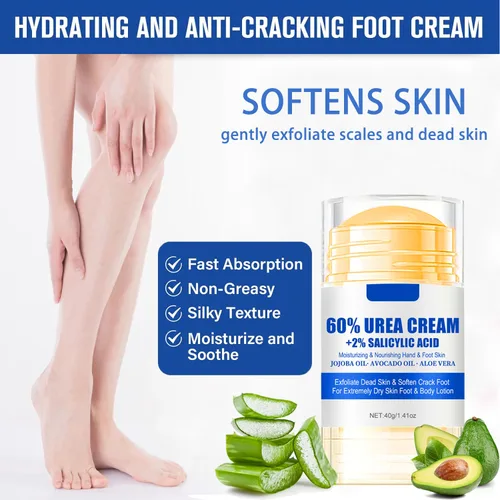 Vista 3 de Crema de urea 60 por ciento para pies de máxima fuerza, crema para pies de urea con ácido salicílico al 2%, loción para pies, removedor de callos