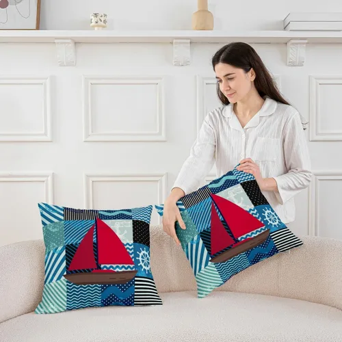 Vista 3 de Funda de almohada con temática oceánica de 22 x 22 pulgadas, funda de almohada roja náutica para sala de estar, funda de cojín geométrica de rayas