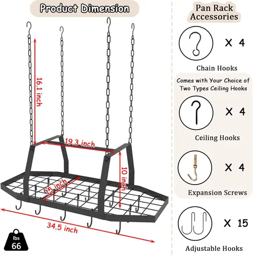Vista 3 de Estante hexagonal para ollas de techo con 15 ganchos, 34 pulgadas de metal para colgar ollas y sartenes para colgar en el techo, perchas para ollas