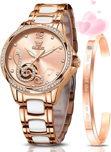 Vista 10 de OLEVS Relojes para mujer, mecánico automático, cuerda automática, oro rosa, reloj de mujer, vestido de diamante, pulsera de cerámica, impermeable