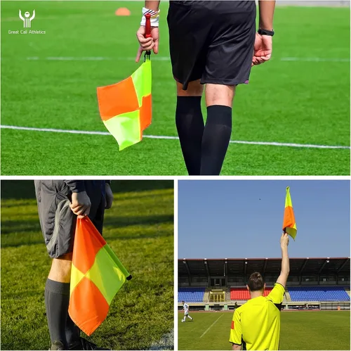 Vista 8 de Great Call Athletics El Juego Pro de bandera de árbitro de fútbol con estuche A prueba de agua asistente linesman amarillo naranja estilo a