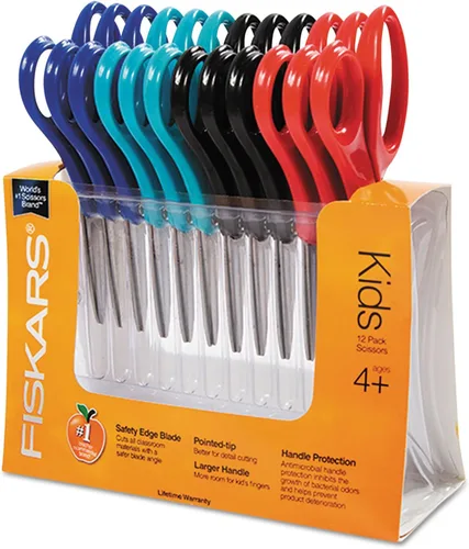 Vista 11 de Fiskars Tijeras de punta roma de 5 pulgadas para niños de 4 a 7 años (paquete de 12), tijeras para niños para la escuela o manualidades, suministros