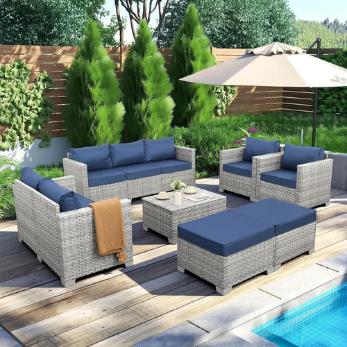 Vista 9 de WAROOM Juego de muebles de patio de 7 piezas de mimbre gris para exteriores, sofá seccional de ratán de polietileno con mesa de centro