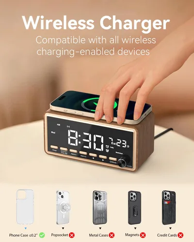 Vista 5 de Radio despertador digital para dormitorios, radio FM y máquina de sonido de ruido blanco con temporizador, altavoz Bluetooth, reloj despertador dual