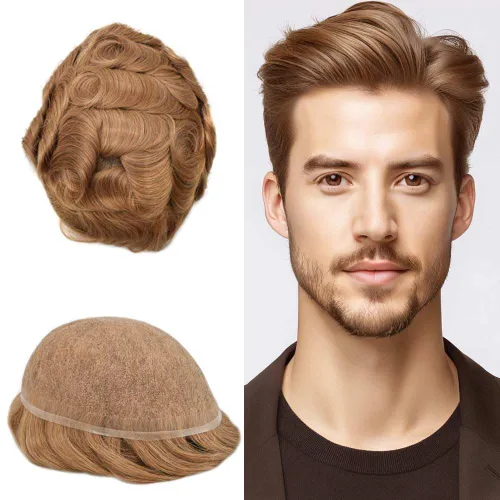Vista 19 de Peluca de cabello humano con encaje completo, línea capilar real, para hombre, peluca de cabello con nudo blanqueado, pieza de pelo para hombres