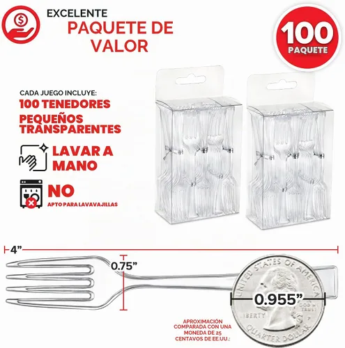 Vista 2 de Mini tenedores transparentes de 4 pulgadas (100 unidades) desechables de plástico para aperitivos para hora de cóctel, tenedores de postre