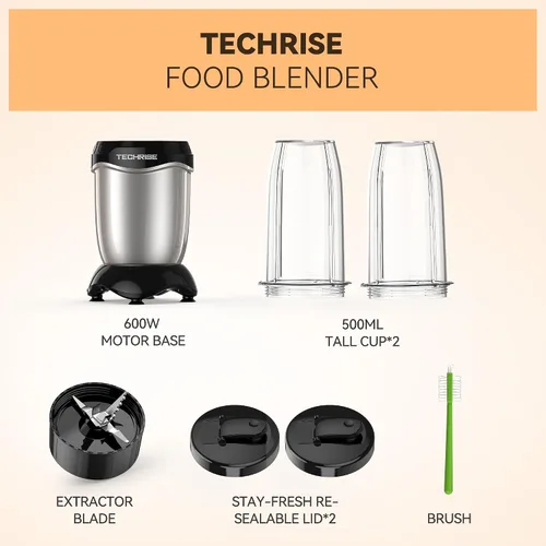Vista 7 de TechRise Licuadora personal de 600 W, licuadora de batidos con 2 vasos portátiles de 17 onzas con tapas para sorbos, hoja de acero inoxidable