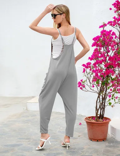 Vista 3 de Xunger Overol holgado casual con correa ajustable para mujer, ajuste holgado, color sólido, pantalón largo, con bolsillos