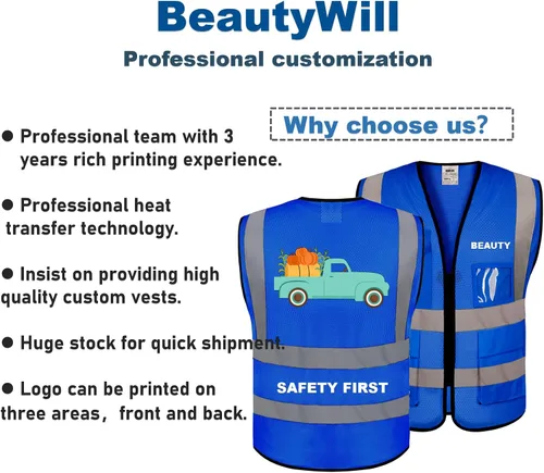 Vista 3 de BeautyWill Chaleco de seguridad con logotipo personalizado Class2 Chaleco reflectante de alta visibilidad con bolsillos y cremallera chaleco