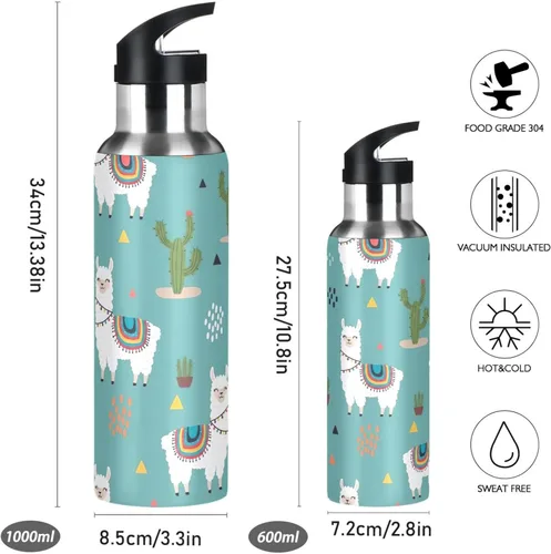 Vista 2 de Cute Llamas - Botella de agua colorida de acero inoxidable aislada al vacío de 32 onzas, a prueba de fugas, botella de agua deportiva sin BPA