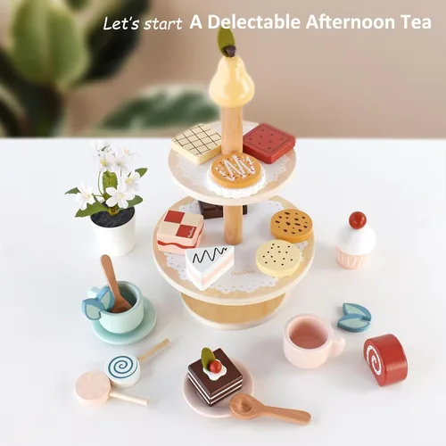 Vista 8 de Juego de Fiesta de Té con Soporte para Postres - Juguetes de Madera de Comida de Juego de Simulación y Accesorios de Cocina para Juego de Té