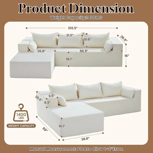 Vista 2 de Sofás seccionales sin estructura de 106 pulgadas para sala de estar, sofá modular en forma de L con asiento profundo de gran tamaño con chaise Beige