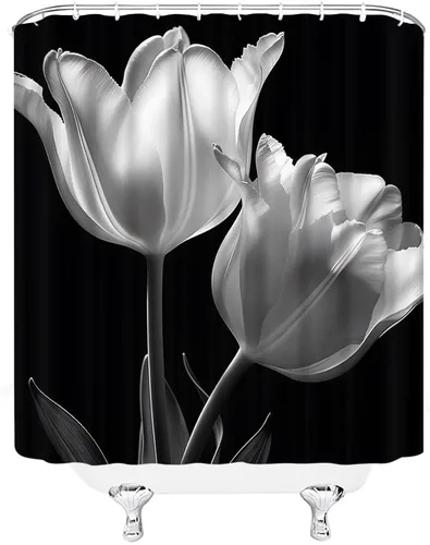 Vista 3 de Cortina de ducha floral negra elegante tulipán negro blanco y negro, diseño moderno de impresión artística única, juego de decoración de baño