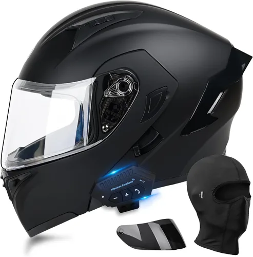 Vista 9 de Casco de motocicleta modular con Bluetooth UWILSEE, Casco integral abatible de cara completa con visera doble aprobado por DOT, con altavoces duales