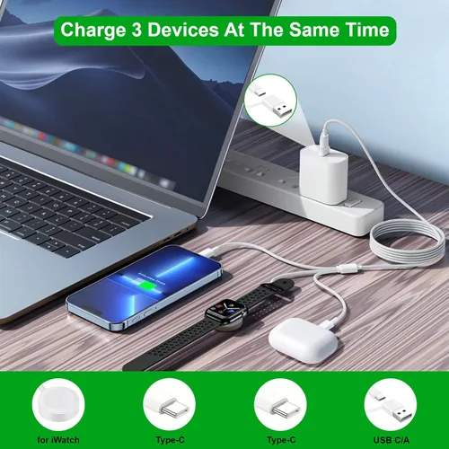 Vista 2 de Cable USB C 3 en 2 mejorado para cargador de Apple Watch (4 pies/1.2M) Cable de carga rápida múltiple USB C de viaje compatible con iWatch Ultra