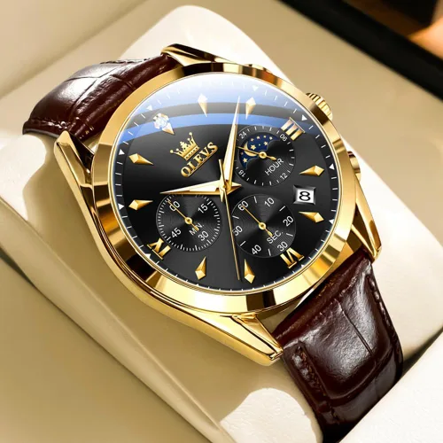 Vista 2 de OLEVS Reloj de cuarzo analógico de cuero para hombre - Reloj de pulsera cronógrafo de lujo con fecha, impermeable, luminoso - estilo de vestir