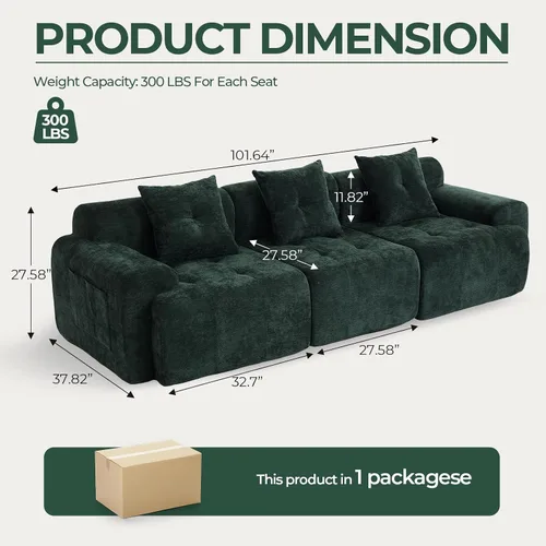 Vista 2 de Sofá seccional modular de 101.65 pulgadas para sala de estar, sofá nube de 3 plazas con asiento profundo, tapicería de textura tejida, sofá sin