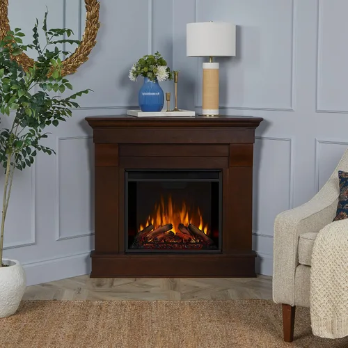 Vista 2 de Real Flame 5950E - Chimenea eléctrica esquinera Chateau, pequeña, color nogal oscuro.