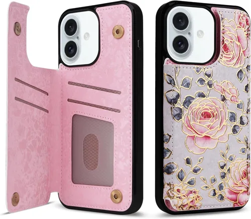 Vista 38 de UEEBAI Funda tipo cartera para iPhone 13 con tarjeteros, piel sintética, diseño floral, función atril, bloqueo RFID, doble cierre magnético, funda