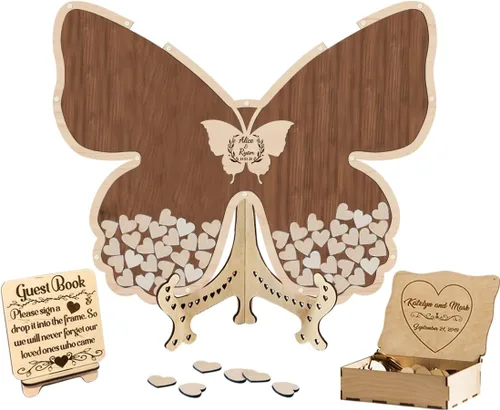 Vista 8 de Libro de invitados de boda de mariposa personalizado con corazones de madera, borde de madera personalizado, ideas alternativas, libro de invitados