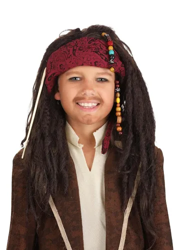 Vista 2 de FUN Costumes Peluca realista de capitán Jack pirata para niños Pelucas de rastas de pelo sintético Peluca de piratas caribeños bandana y cuentas ST