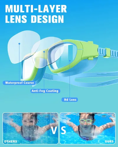 Vista 3 de Kids Swim Goggles with Silicone Swim Cap, Swimming Goggles Cap Set for Kids 6-14, Anti-Fog Anti-UV for Boys Girls