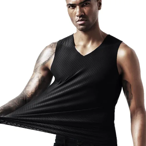 Vista 2 de Camisetas de verano transpirables de seda de hielo para hombre, camisetas sin mangas para cultiva el movimiento de fitness en V, camisetas rojas