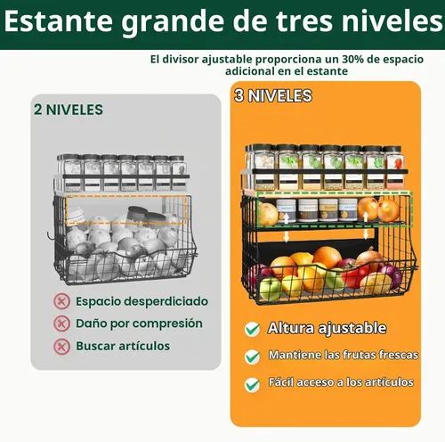 Vista 3 de Estante magnético para refrigerador con tapa de madera, contenedores de almacenamiento de papas y cebollas, contenedor grande de cocina, estante