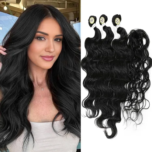 Vista 9 de HANNE Paquetes de cabello castaño mezclado con extensiones de cabello ondulado con cierre Sintético 18 "20" 22" con cierre de encaje, resistente