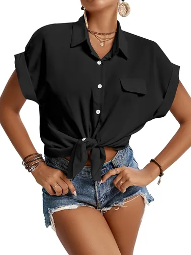 Vista 4 de LYANER Blusa casual con cuello enrollado para mujer, con mangas casquillo, con botones