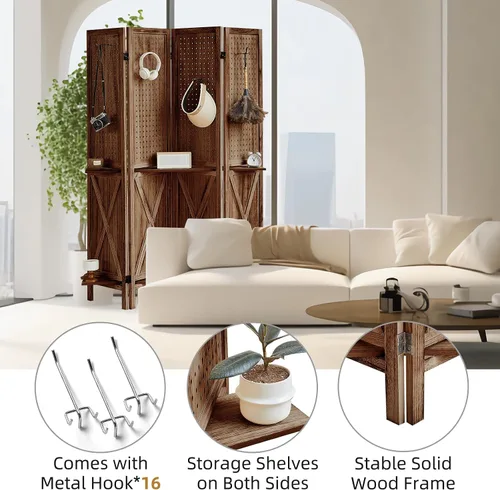 Vista 5 de Divisor de habitación de 4 paneles con estantes, pantalla de tablero de clavijas de 5.6 pies con 16 ganchos, divisor de habitación de madera