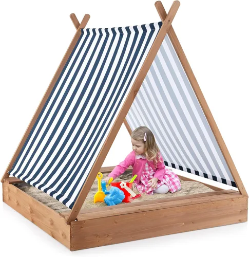 Vista 11 de HONEY JOY Caja de arena para niños, pozo de arena sin fondo de cedro para patio trasero, 4 banderas rojas y forro inferior, banco lateral y 2 cajas
