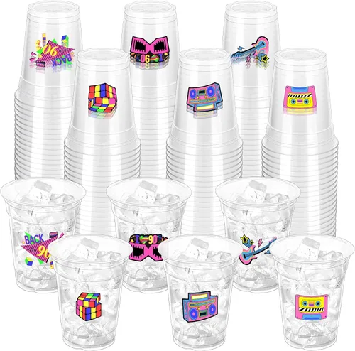 Vista 8 de 100 vasos de plástico desechables para fiestas de los 80 de 12 onzas de regreso a los 80, vasos transparentes desechables para discoteca de los 80