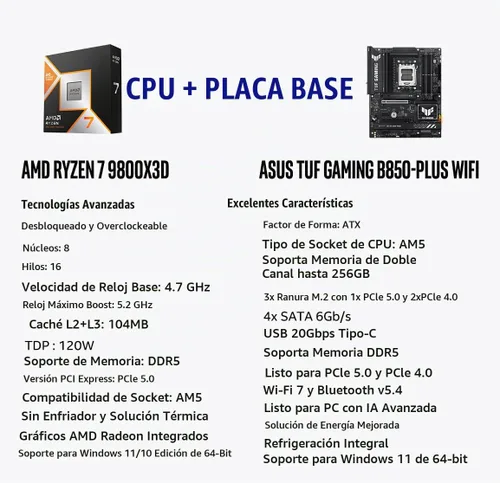 Vista 2 de Micro Center AMD 9800X3D Processor with ASUS TUF Gaming B850 PL Motherboard Combo de placa base de CPU, listo para AI, 14+2+1 etapas de 80 A, DDR5
