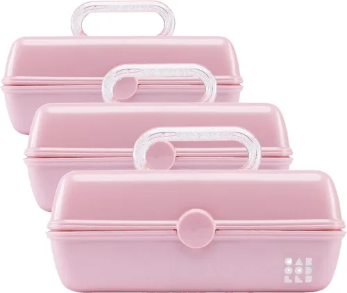 Vista 12 de Caboodles Pretty in Petite - Caja de maquillaje de dos tonos rosa sobre lavanda, caja organizadora de plástico duro, 2 bandejas giratorias, espejo