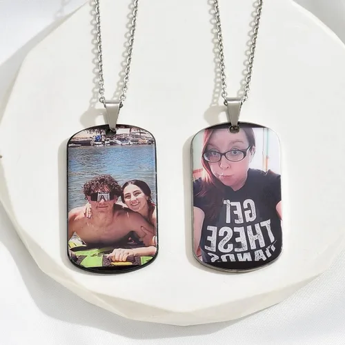 Vista 5 de Collar con colgante de etiqueta de perro con foto personalizada, fecha, texto, imágenes, collar de acero inoxidable personalizado para hombres