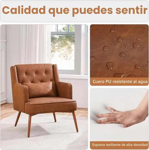 Vista 4 de Yaheetech Silla decorativa, silla de sala de estilo Mid Century con cojín lumbar de piel sintética PU, cómoda silla tapizada para leer con patas